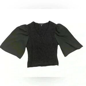 DREW Black Puff Sleeve Scrunch V-Neck Size Small